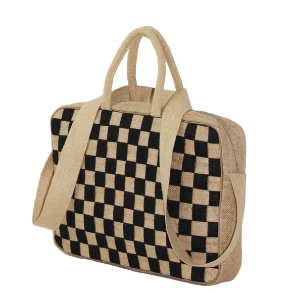 The Metropolitan Checkered Jute Black Laptop Handbag - Unisex