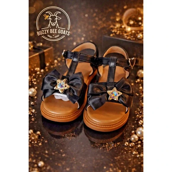TODDLER GIRLS BLACK BOW DRESS SANDALS RHINESTONE CHARM SIZE 23 NEW