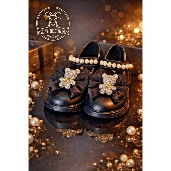INFANT GIRLS BLACK PEARL BOW DRESS SHOES RHINESTONE BEAR SIZE 2/3  New