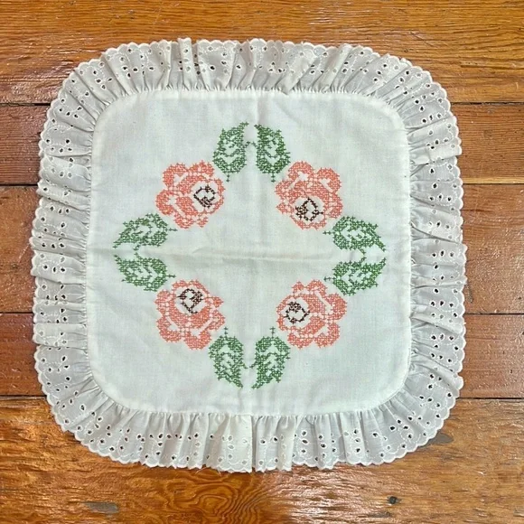 Vintage Cross Stitch pillow cover handmade White with eyelet trim pillow cover.
