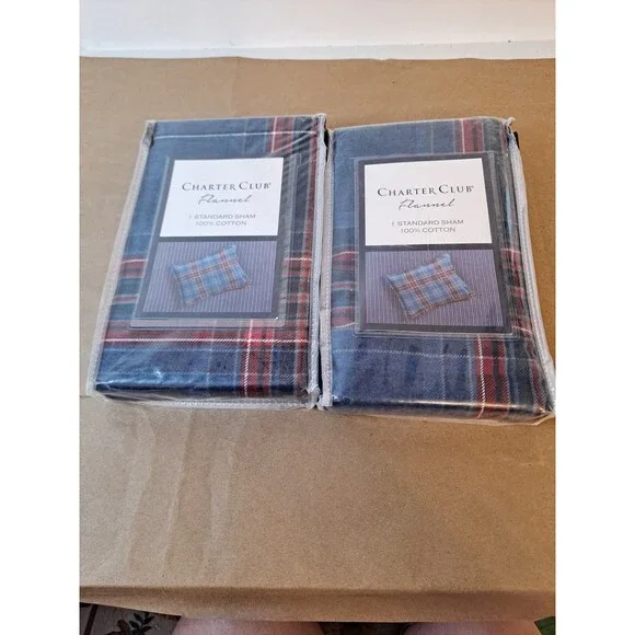 Charter Club Navy Plaid Flannel 100% Cotton Shams Pillow Sz 20