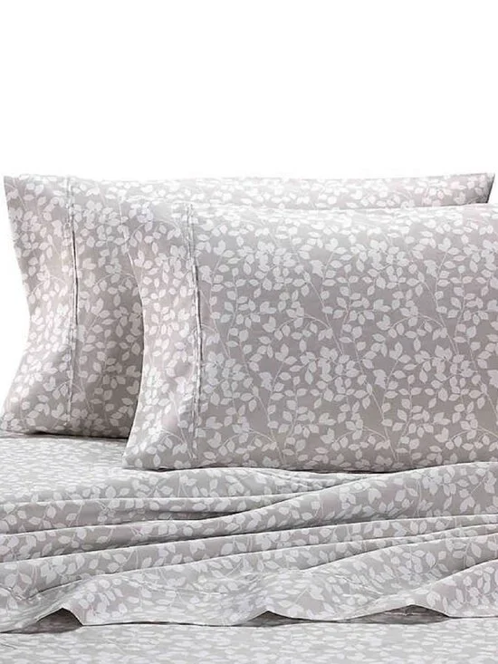 new Heartland 400 TC 100% Cotton Sateen KING Pillowcases - WHITE LEAF on GRAY