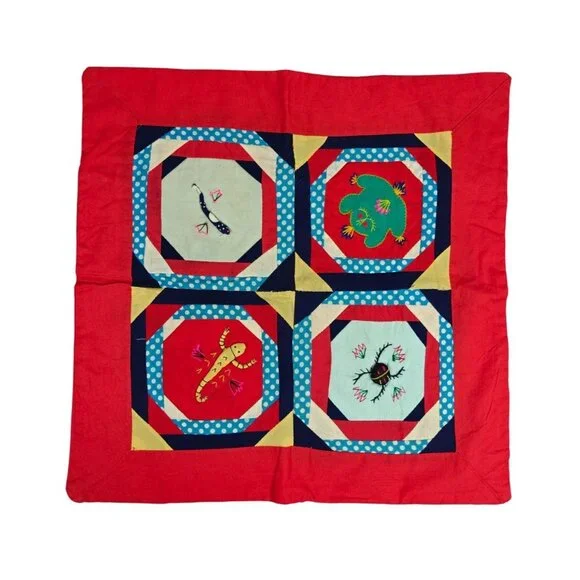 Vintage Handmade Red Throw Pillow Cover Embroidered Asian Oriental Patchwork