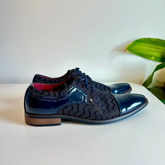 Mens Navy Blue Chevron Pattern Patent Cap Toe Dress Shoes‎ Oxford Size 8.5
