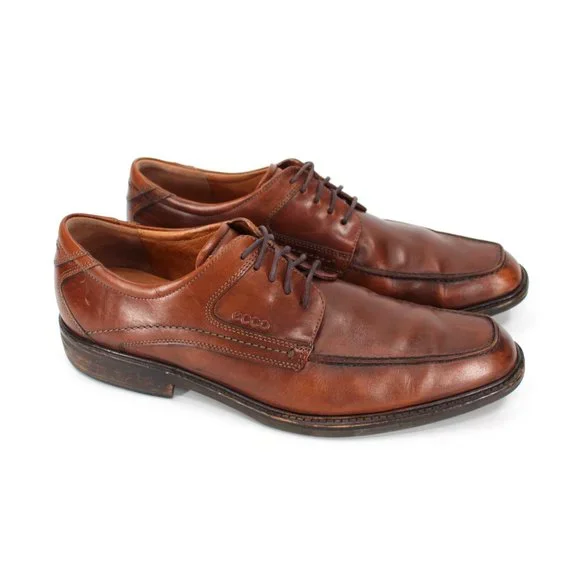 Ecco Brown Leather Lace Tie Almond Toe Derby 47 US 13.5 Wide Oxford Dress Shoes