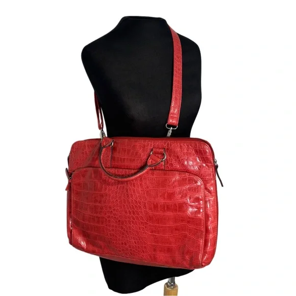 Bueno Red Womens Large Laptop Bag Crocodile Pattern