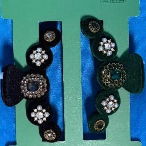 NEW GORGEOUS 2 PK GREEN & BLACK HAIR CLIPS W/ JEWEL / GEMSTONE PEARL TYPE BLING
