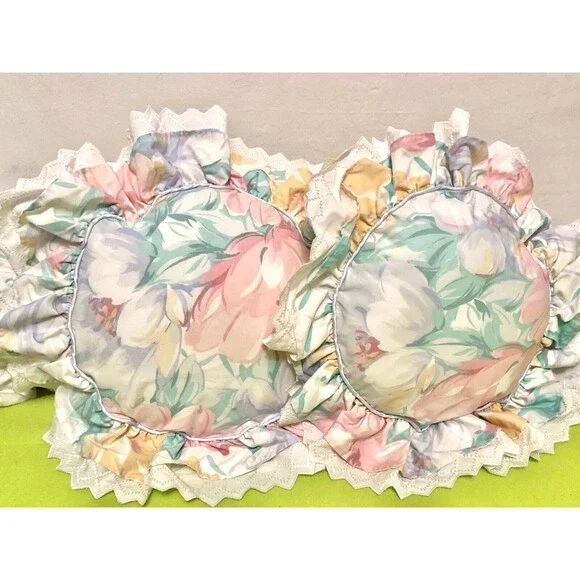 Circular Round Floral Flower Decorative Throw Pillows with Frill Pink Blue Green