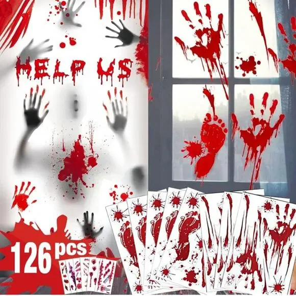 2 pk Halloween Decorations 126 PCS Halloween Window Clings, 8 Sheets Bloody Hand