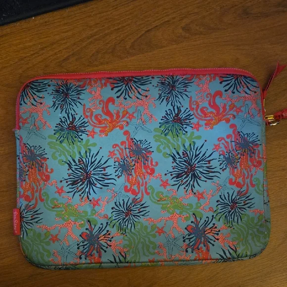 Lilly Pulitzer Hot Pink Aqua Green Padded Laptop Zippered Bag Plush Lined 15x12
