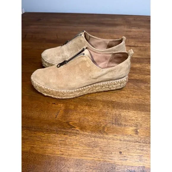Eric Michael Taupe Leather Serena Espadrille Shoe with Top Zipper