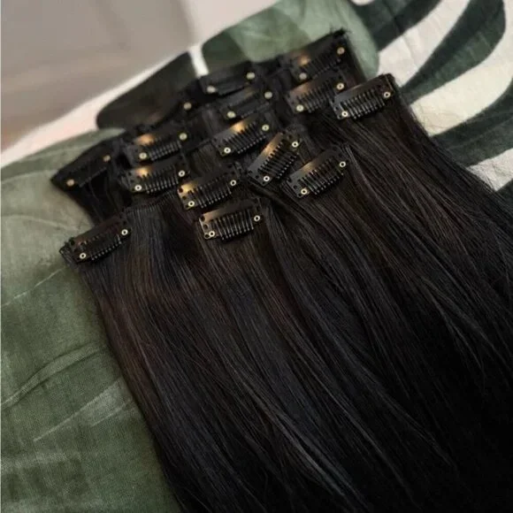 HUMAN HAIR BLEND 24 In Black Clip in Hair Extensions Straight Beautiful Hair