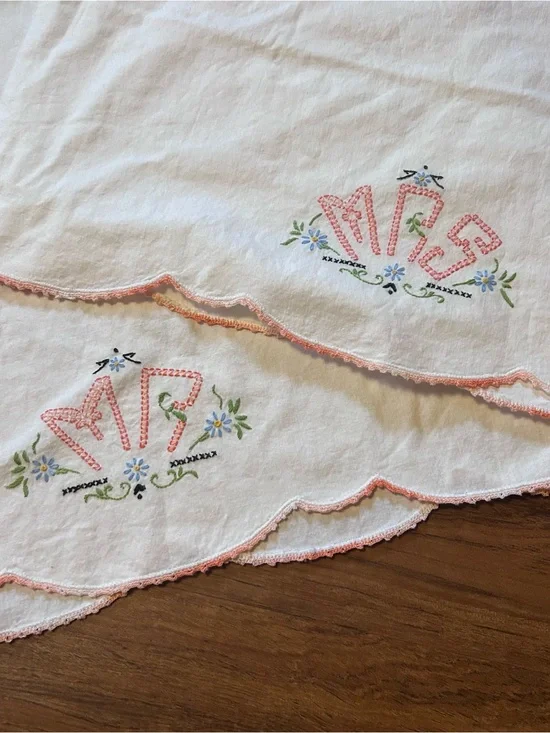 Vintage White Pillowcase Pair with Pink Embroidery and Floral Accents