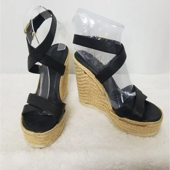 PRICE DROP-YSL Yves Saint Laurent Espadrille Wedge Black Leather Sandal