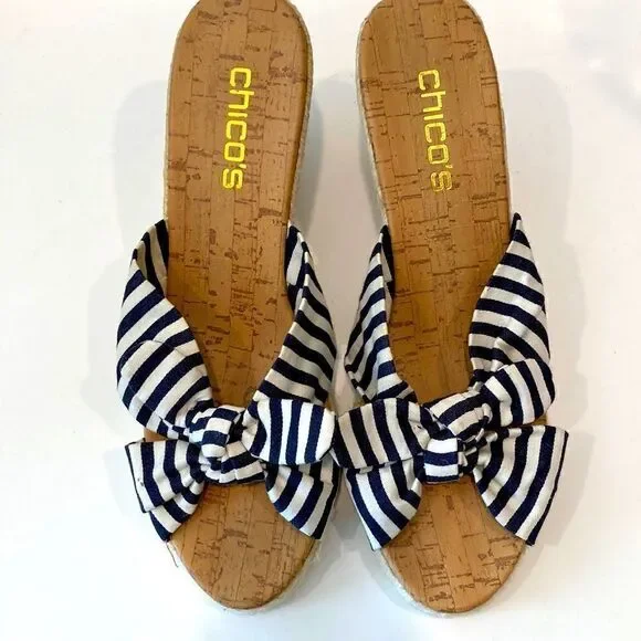 Chico's Espadrille Striped Bow Slip-On Wedge Sandals size 9
