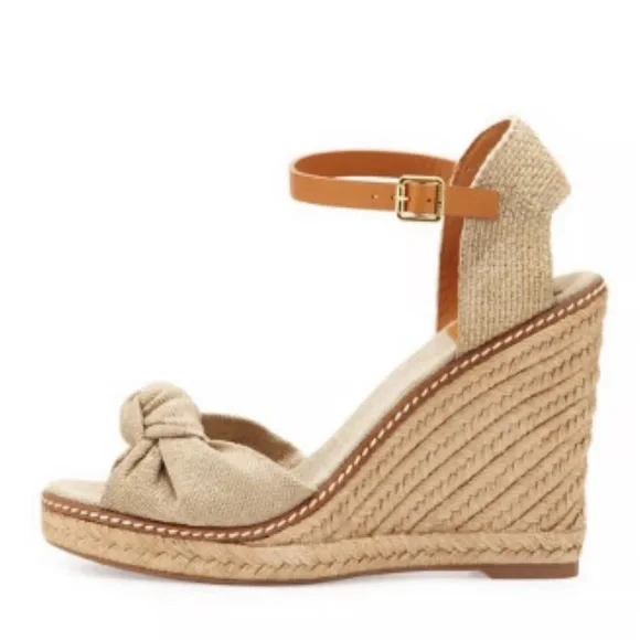 Tory Burch Wedge Espadrille Heels Sandals Linen Beige Peep Toe Womens‎ 9.5B