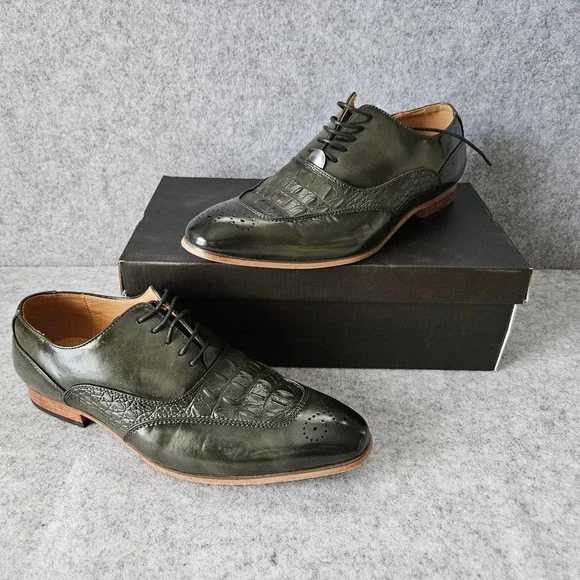 Romano Pietro Olive Green Crocodile Embossed Wingtip Brogue Oxford Shoes 10.5