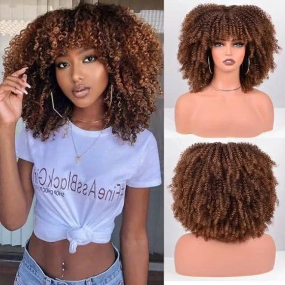 Brown Ombre Afro Kinky Curly Wig with‎ Bangs Short Synthetic Bob Heat Resistant