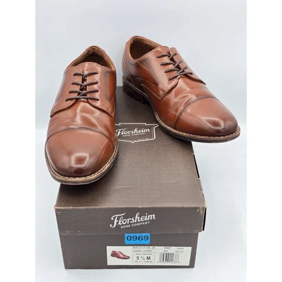 Florsheim Rucci Cap Toe Ox Jr Boys' Toddler-Youth Oxford Cognac Sz 5.5 M