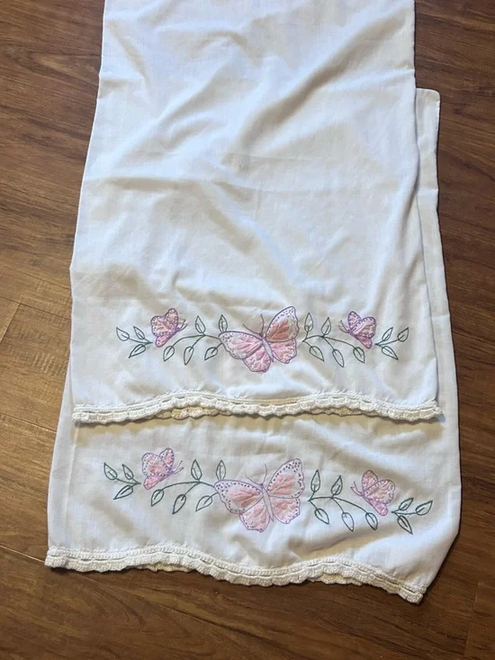Vintage White Pillowcase Pair with Pink Butterfly Embroidery