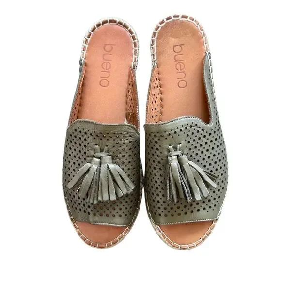 Bueno Navar Leather Laser Cut Peep Toe Slip On Espadrilles Sandals Olive Size 40