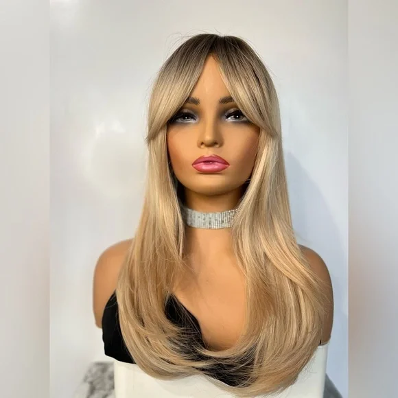 24 Inch Straight Blonde Layered hair Wig With Curtain Bangs Dark Roots s…