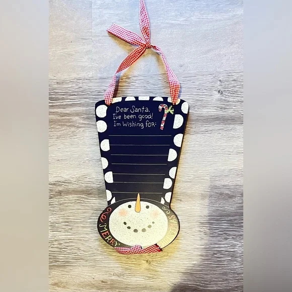 Festive Snowman Chalkboard Sign with Red Ribbon