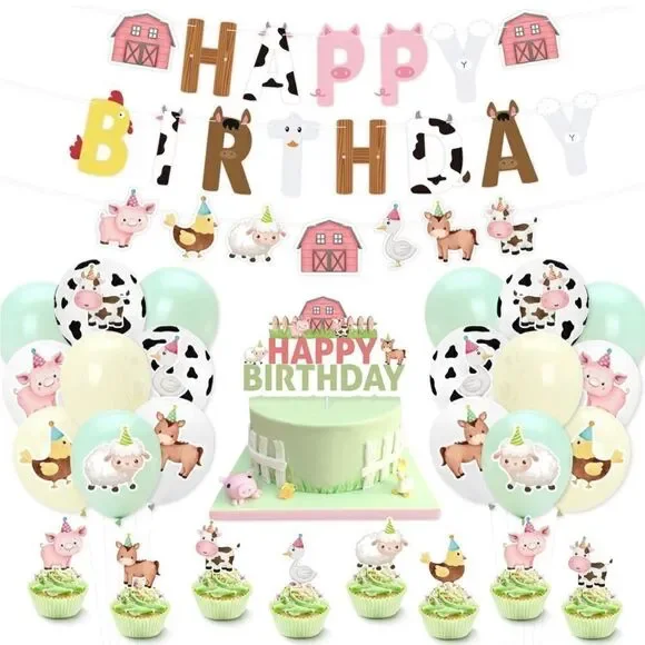 Farm Animals Birthday Party Barnyard Decor Banner Cake Topper Balloon Hat Pastel