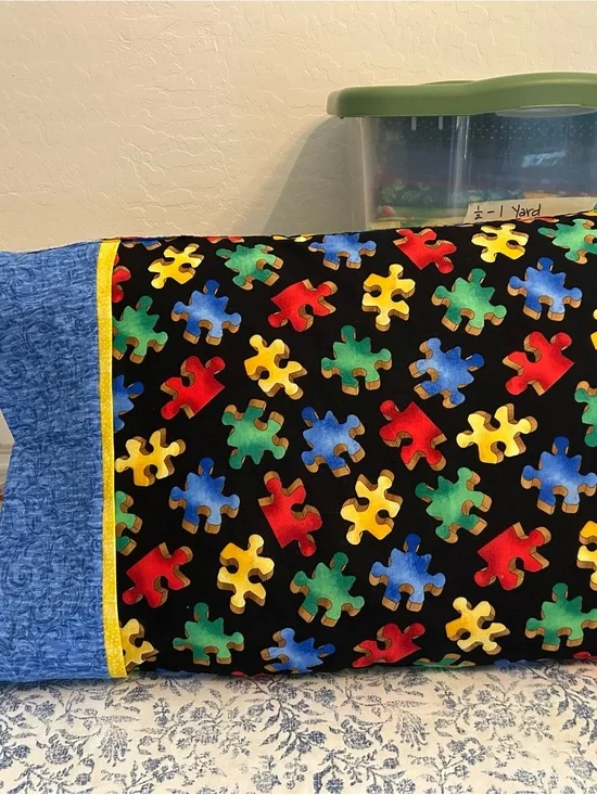 Kids Puzzle Piece Pillowcase in Black with Multicolor Pieces