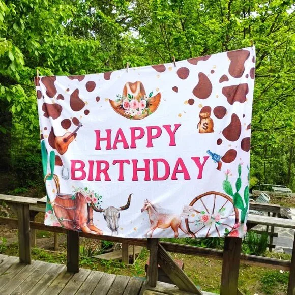 Rustic Happy Birthday Backdrop Banner Western Cowgirl Horses Farmhouse  60