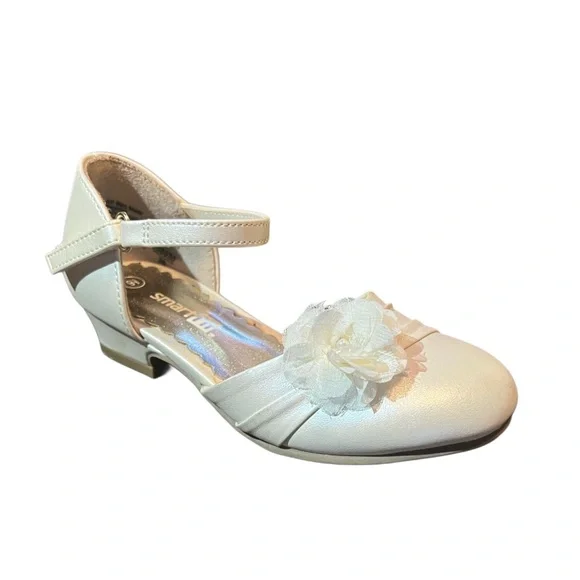 Smart fit Girls Pearl Cream Faux Leather Ankle Strap Shoes Sz 9.5