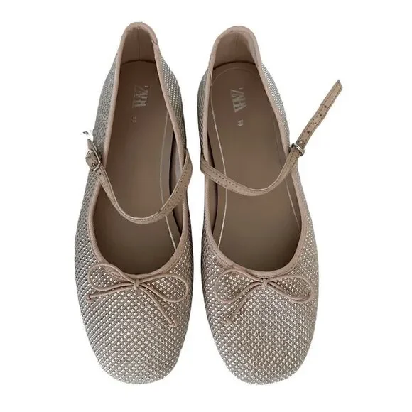 Zara Beige Sparkly Ballet Flats NWT