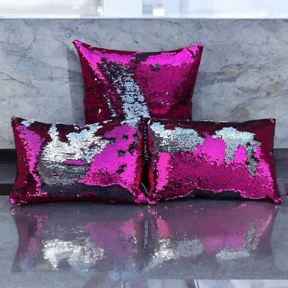 NWOT NEW Three (3) Aviva Stanoff Sequin Hot Pink/Silver/Black Luxury Pillows