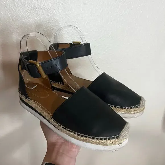 See by Chloé Glyn platform espadrille sandals black leather jute WOMENS 37/ US7