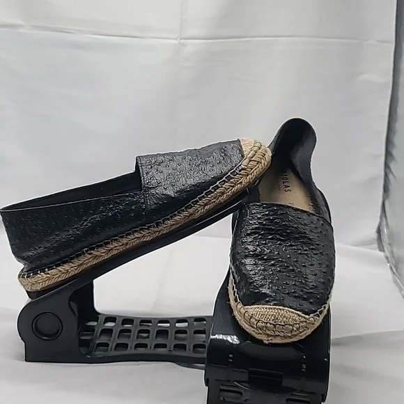FABIOLAS Black Leather Ostrich Look Espadrilles