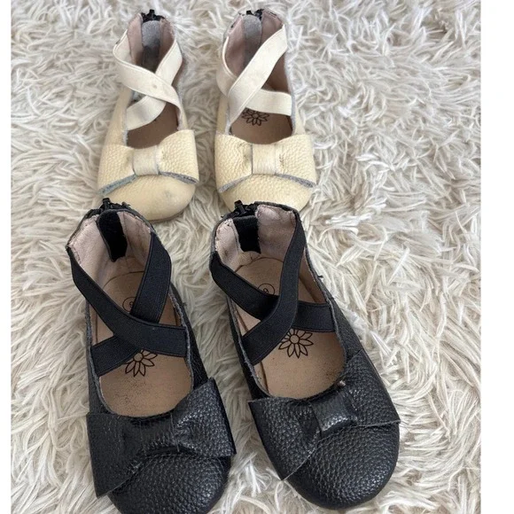 2 Pair Teg + Lai Kids Ballet Flats Shoes 1-Black 1- Tan Leather Bow Size‎ 6