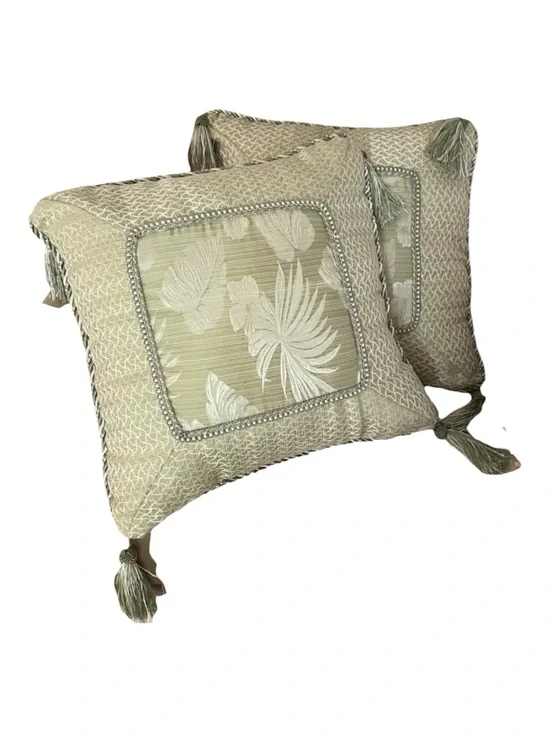 Set of Two Raper Bahamas Banyan Cushions Pillows Tropical Sage Green Tassels