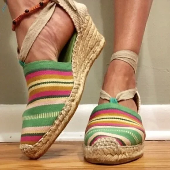 Elena Solano Multicolored striped Wrap Around Espadrille Wedges