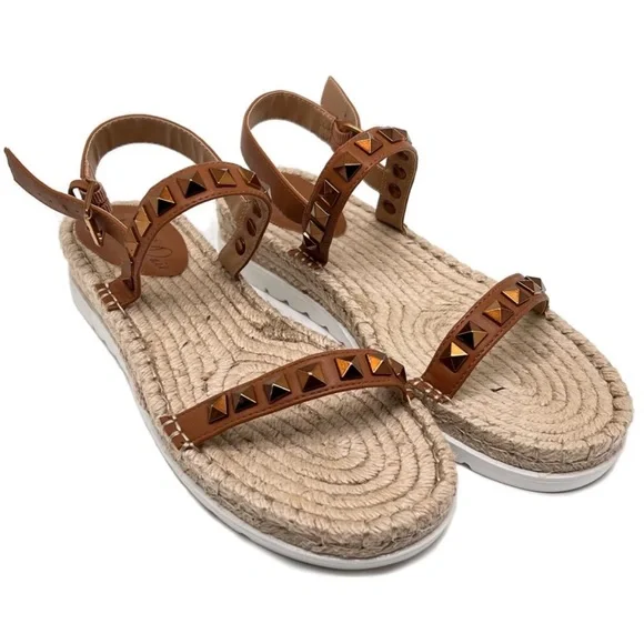 Wild Pair Espadrilles Yelenah Studded Strap Wedge Sandals Cognac Size 9