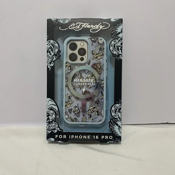 Ed Hardy Love Kills Slowly‎ Tattoo Phone Case iPhone 16 Pro MagSafe Y2K Blue NWT