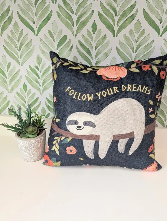 Follow Your Dreams Sloth Decorative Throw Pillow - Navy Floral