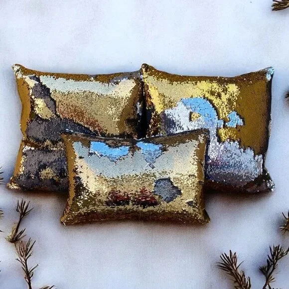 NWOT NEW Three (3) Aviva Stanoff Mermaid Sequin Gold/Silver/Black Luxury Pillows