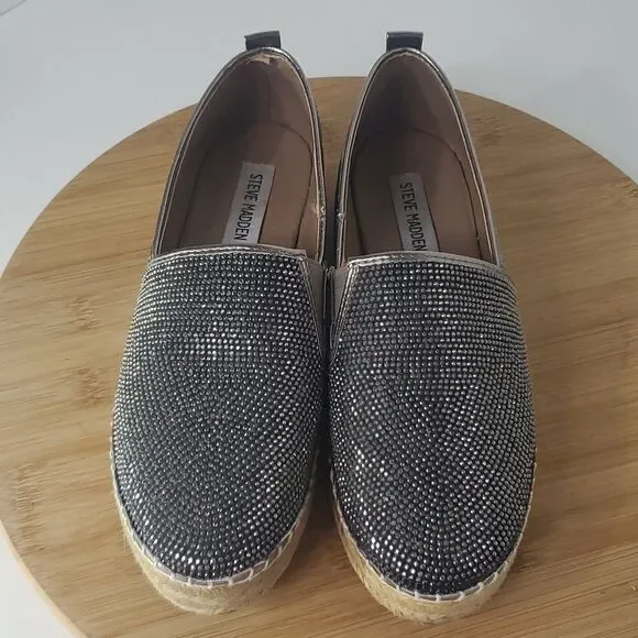 Steve Madden Chopur Embellished Espadrilles Silver Glitter Flats Size 6.5 B
