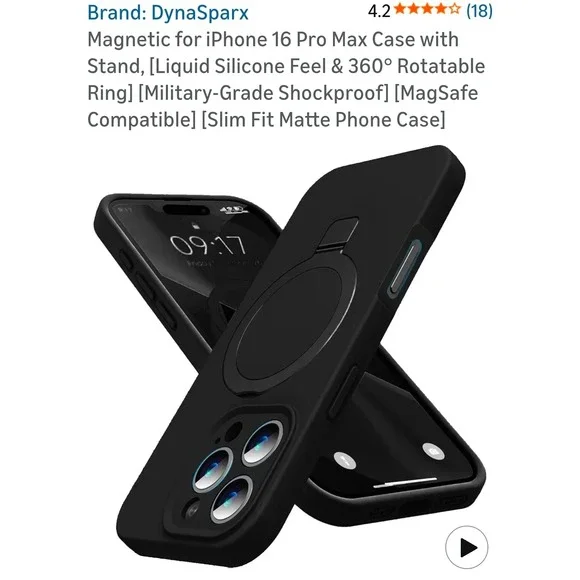 DynaSparx Magnetic iPhone 16 Pro Max Case‎ Matte Black Rotatable Ring MagSafe