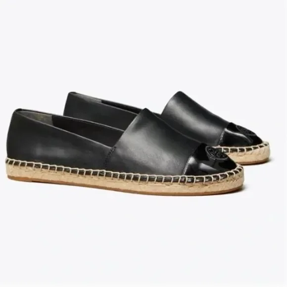 Tory Burch Black Leather Logo Cap Toe Espadrille Flats Women Size 6.5 ColorBlock