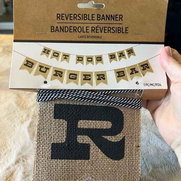 Reversible Burlap hot dog, and hamburger Banner with Black Lettering