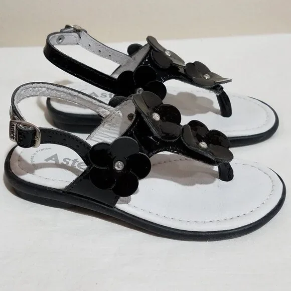 Aster France lk Livie & Luca Black Girls Sandals w/3-D‎ Flowers 24/7 25/8 29/11