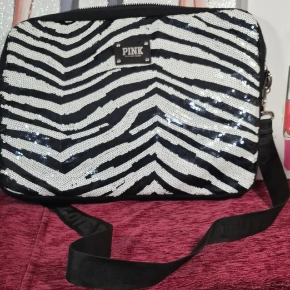 PINK Victoria's Secret Black and White Sequin Zebra Lap Top Crossbody Bag 2167