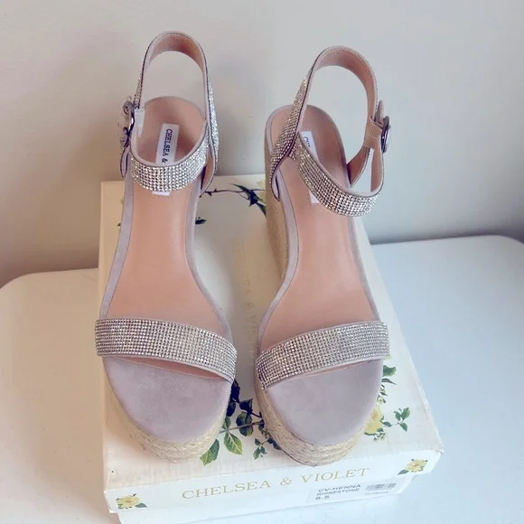 Chelsea & Violet Size 9.5 Rhinestone Henna 4” Wedge Espadrille Heels New In Box