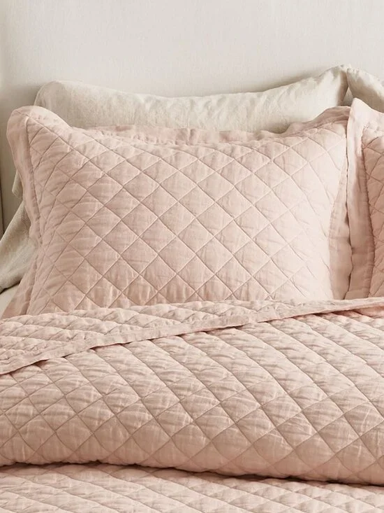 2 Pottery Barn Belgian Flax Linen Diamond Quilted Sham Soft Rose Pink Standard